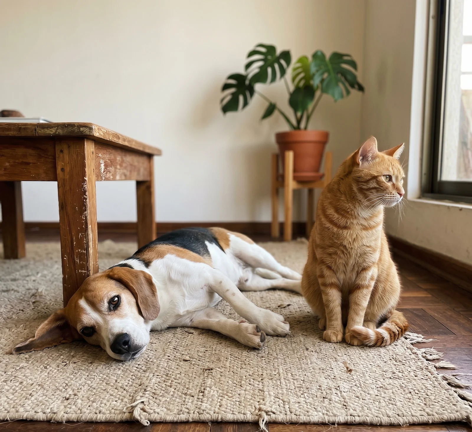 Beagle y gato chileno descansando en un departamento — Patukos