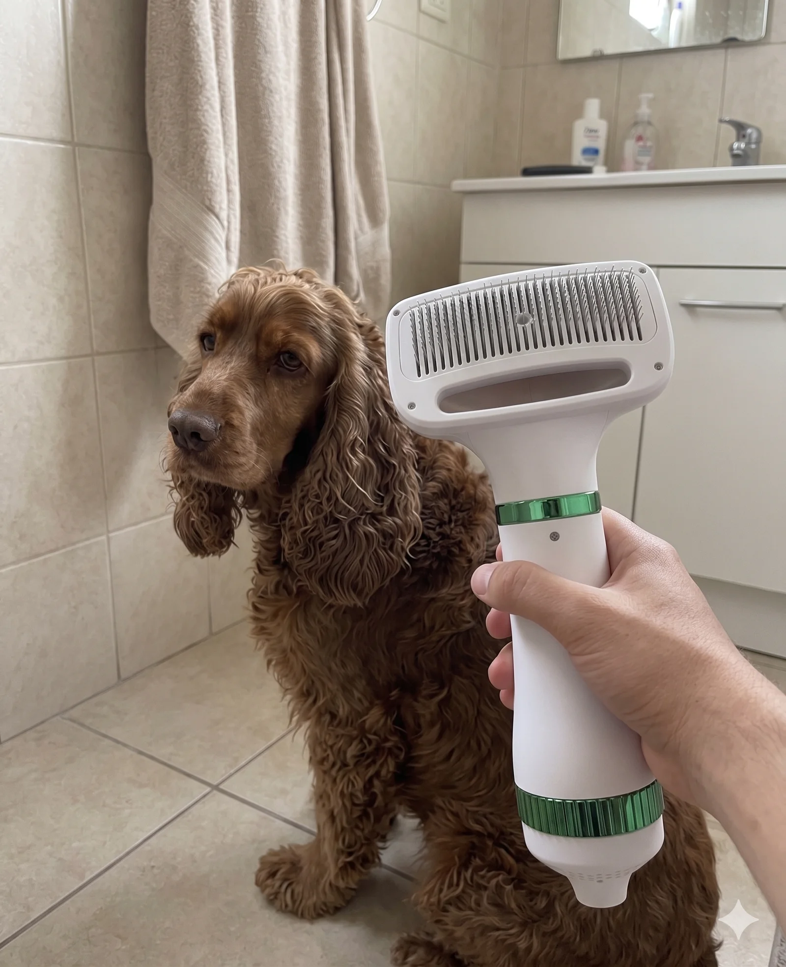 Cocker spaniel café preparándose para el cepillado